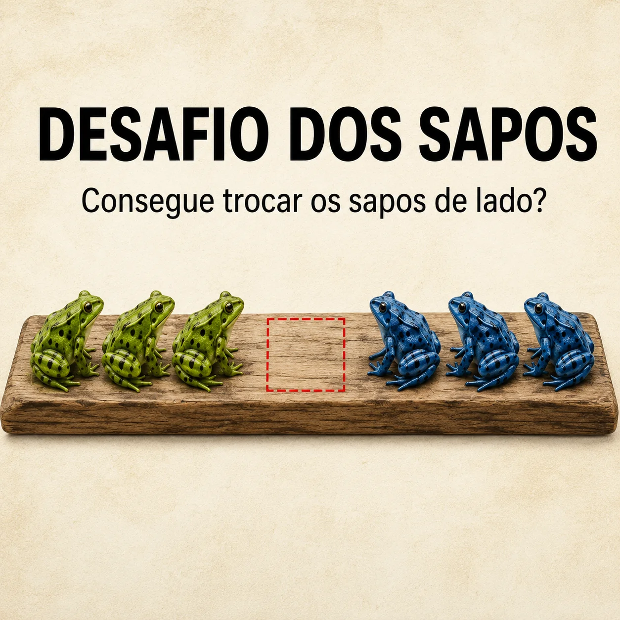 Desafio dos Sapos com três sapos verdes e três sapos azuis separados por um espaço vazio em um tabuleiro de madeira.