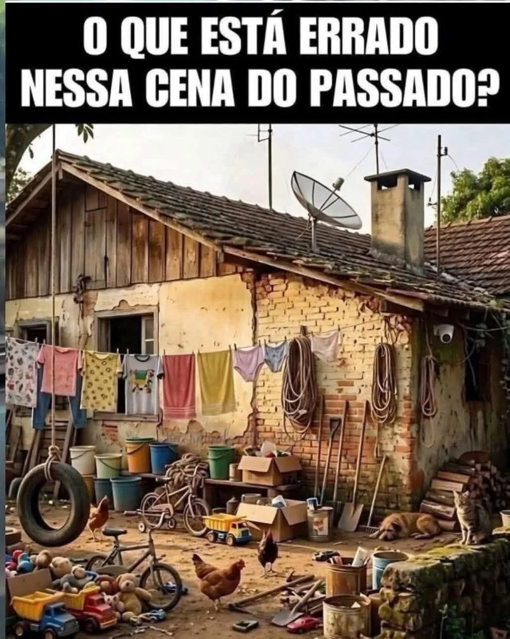 Desafio visual mostra uma antiga casa rural com diversos objetos espalhados e elementos modernos escondidos na cena.