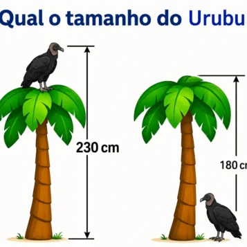 Desafio matemático mostrando uma palmeira e um urubu com medidas de 230 cm e 180 cm para descobrir o tamanho do animal.
