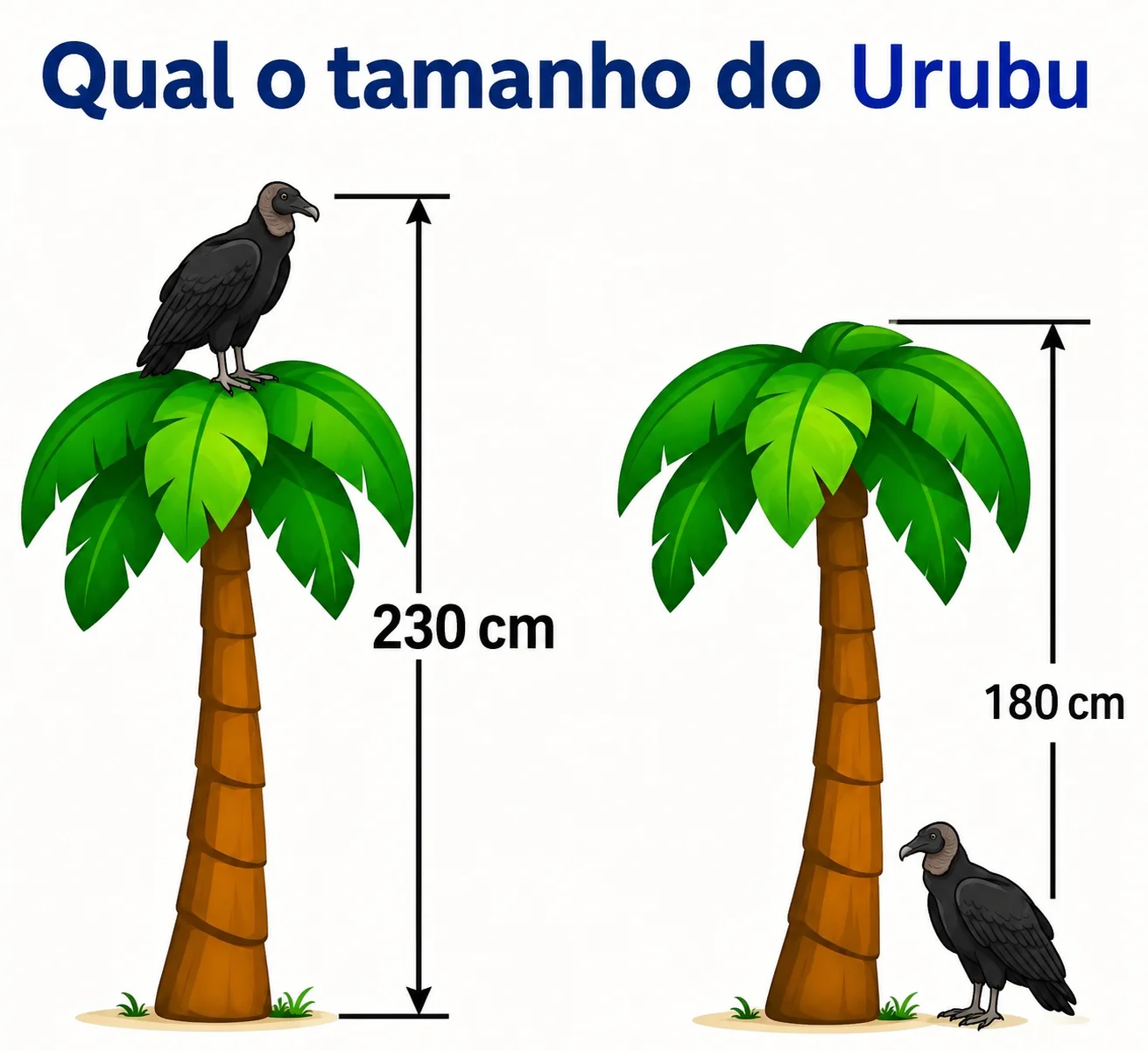 Desafio matemático mostrando uma palmeira e um urubu com medidas de 230 cm e 180 cm para descobrir o tamanho do animal.
