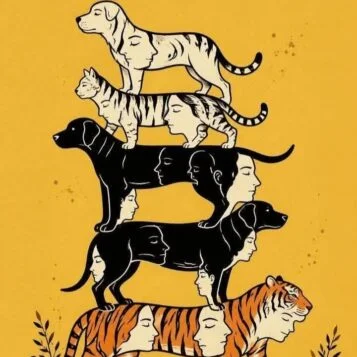 Ilusão de ótica com animais escondendo vários rostos humanos para contar quantos aparecem na imagem.