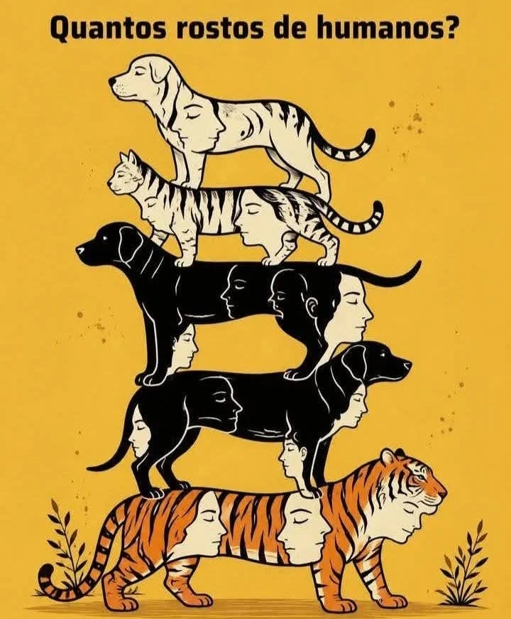 Ilusão de ótica com animais escondendo vários rostos humanos para contar quantos aparecem na imagem.
