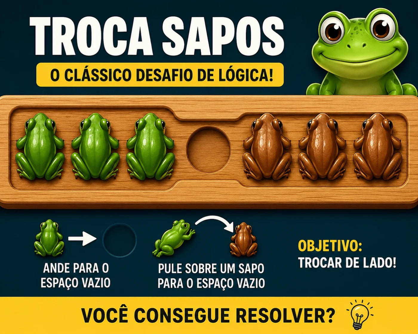 Jogo Troca Sapos com sapos verdes e marrons tentando trocar de lado em um desafio de lógica.