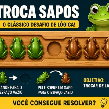 Jogo Troca Sapos com sapos verdes e marrons tentando trocar de lado em um desafio de lógica.
