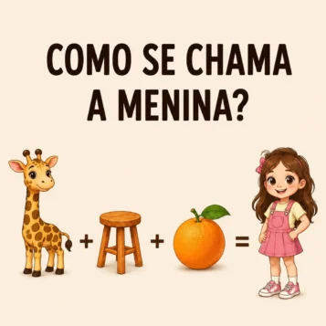Desafio visual perguntando como se chama a menina usando as imagens de uma girafa, um banco e uma laranja.