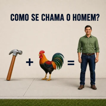 Desafio visual perguntando como se chama o homem com imagens de um martelo e um galo formando um nome.