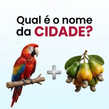 Desafio visual perguntando qual é o nome da cidade formado pela combinação de uma arara e um caju.