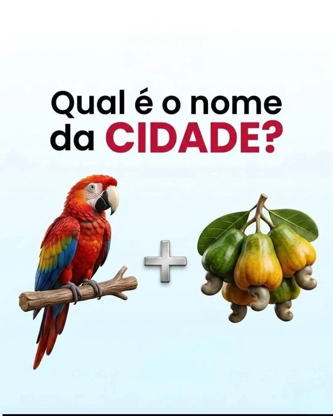 Desafio visual perguntando qual é o nome da cidade formado pela combinação de uma arara e um caju.