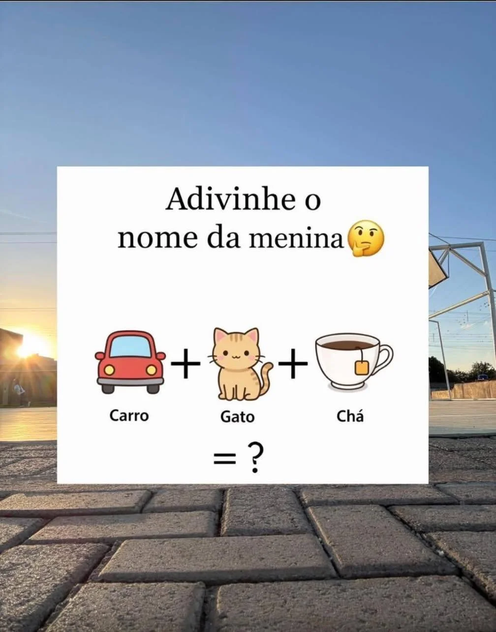 Desafio visual para descobrir um nome feminino usando as imagens de um carro, um gato e uma xícara de chá.