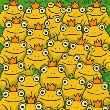 Desafio visual com vários sapos usando coroas, pedindo para encontrar os sapos que estão sem coroa escondidos na imagem.