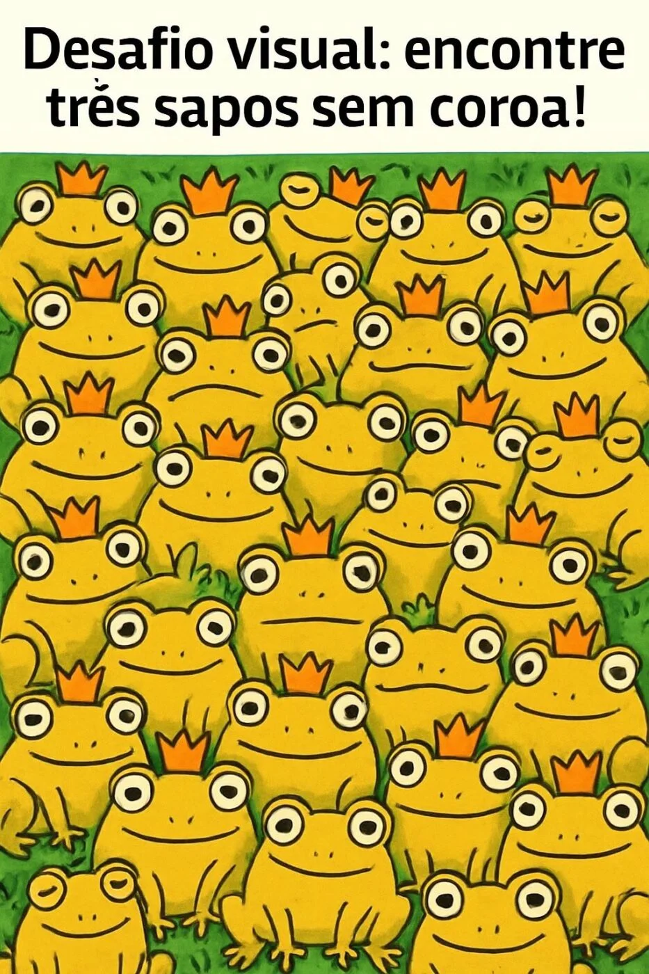 Desafio visual com vários sapos usando coroas, pedindo para encontrar os sapos que estão sem coroa escondidos na imagem.