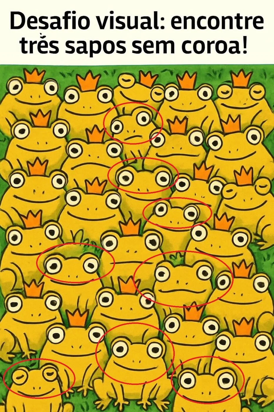 Resposta Desafio visual com vários sapos usando coroas, pedindo para encontrar os sapos que estão sem coroa escondidos na imagem.
