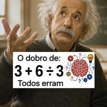 Desafio matemático perguntando qual é o dobro de 3 + 6 ÷ 3 com ilustração de Albert Einstein e aviso de que todos erram.