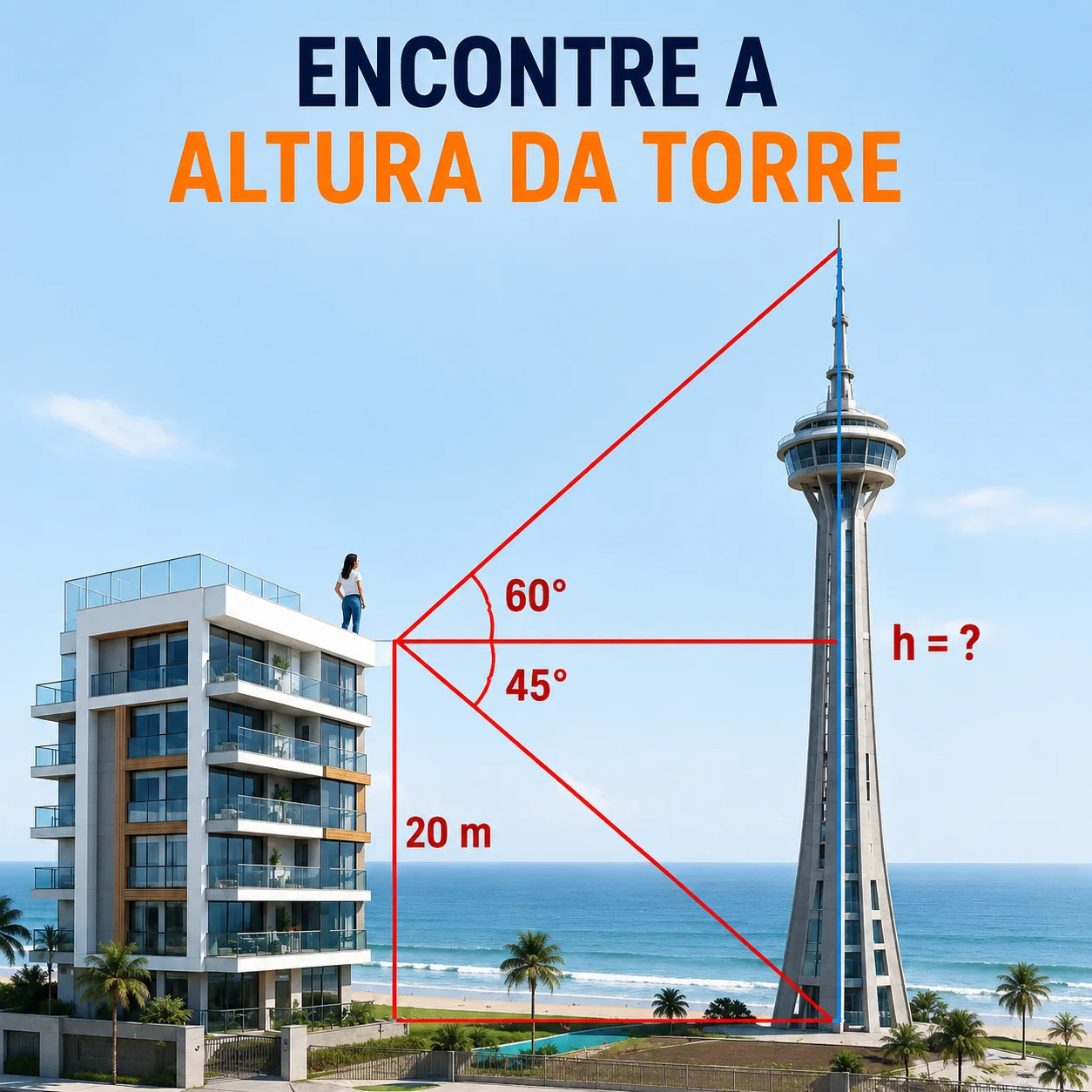 Desafio de matemática para encontrar a altura da torre usando ângulos de 60 e 45 graus e um prédio de 20 metros.