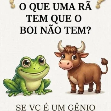 Pegadinha perguntando o que uma rã tem que o boi não tem com ilustrações de uma rã e um boi.