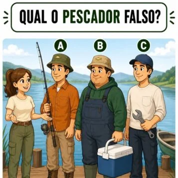 Ilustração mostrando três pescadores conversando com uma mulher e perguntando qual deles é o pescador falso.