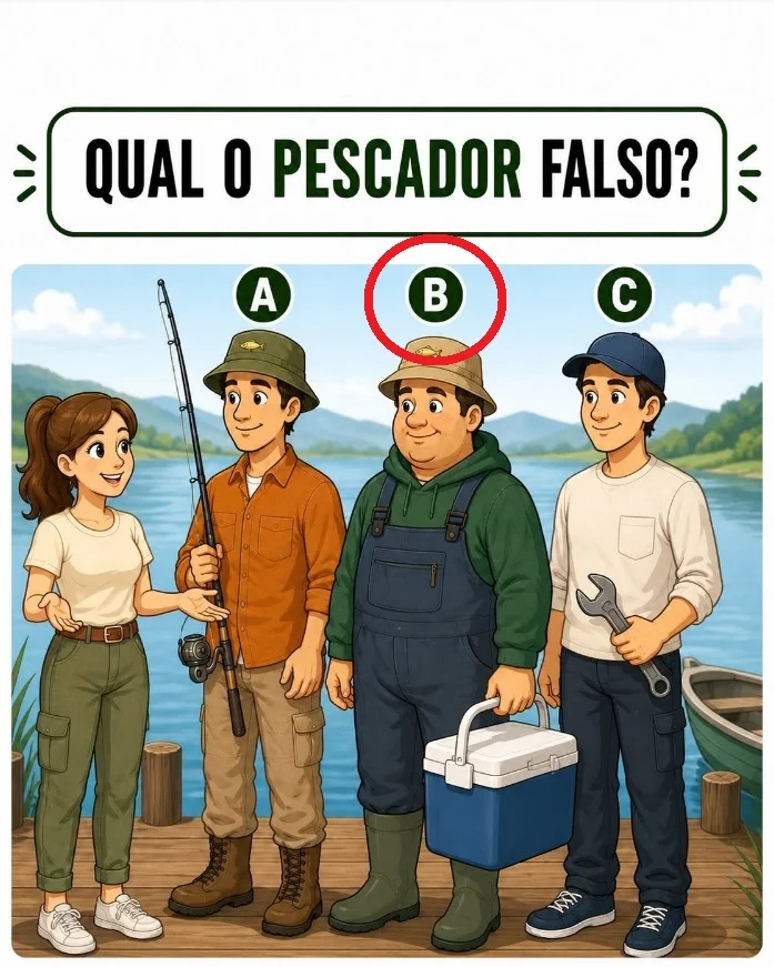 Ilustração mostrando três pescadores conversando com uma mulher e perguntando qual deles é o pescador falso.