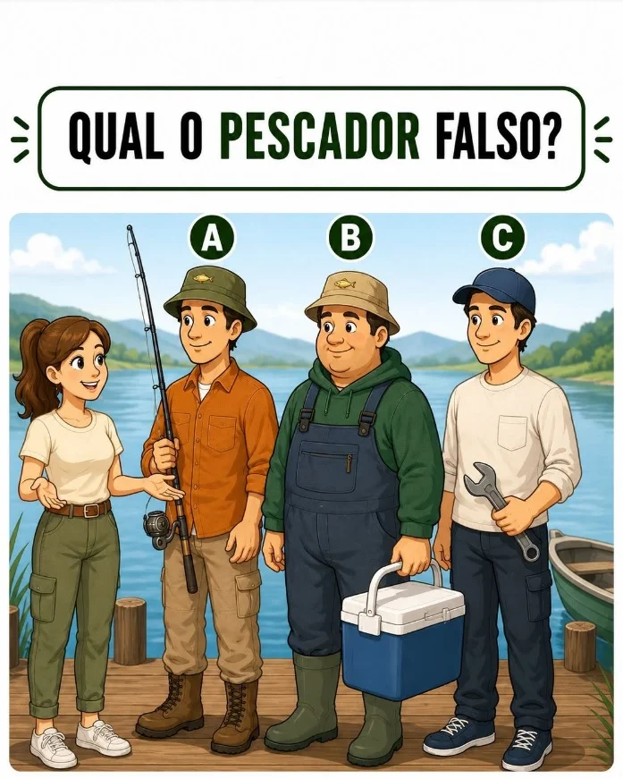 Ilustração mostrando três pescadores conversando com uma mulher e perguntando qual deles é o pescador falso.