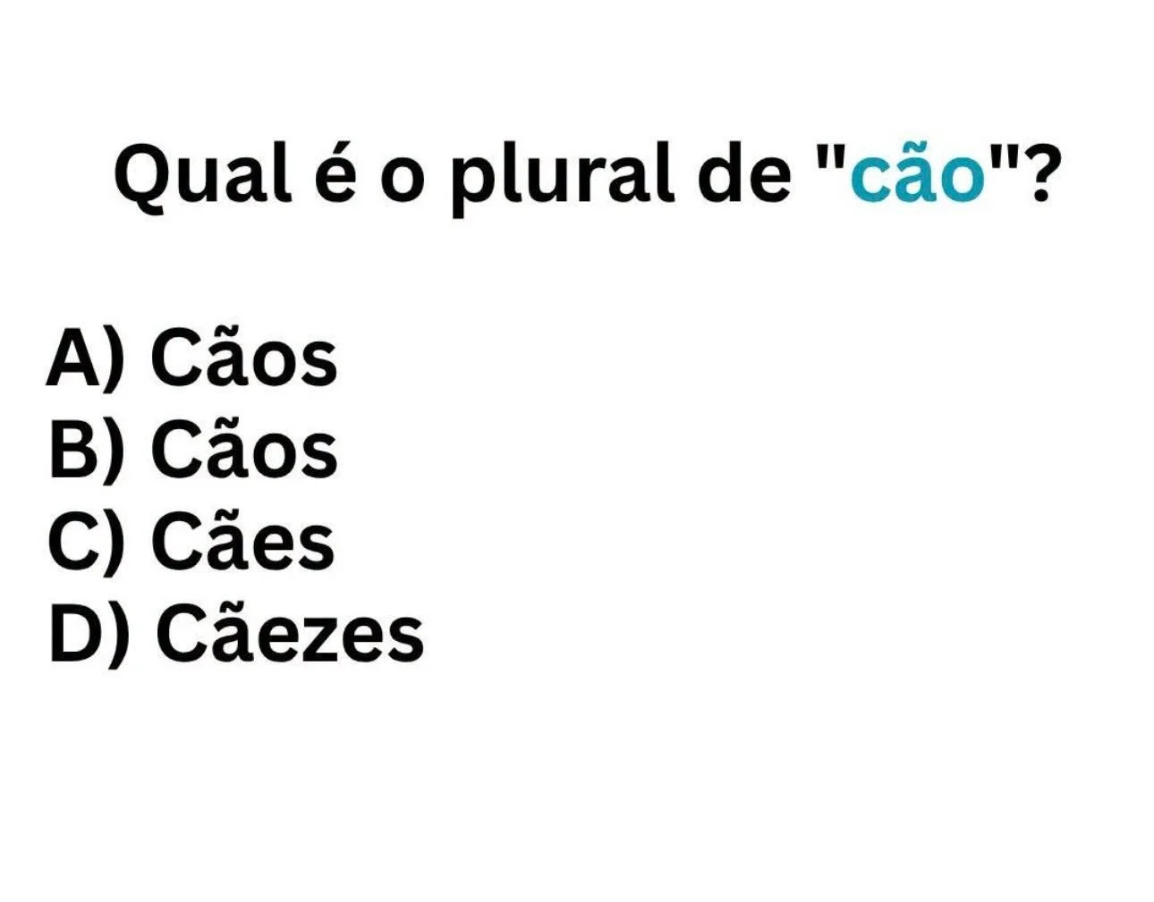 Desafio de português perguntando qual é o plural da palavra cão com quatro alternativas de resposta.
