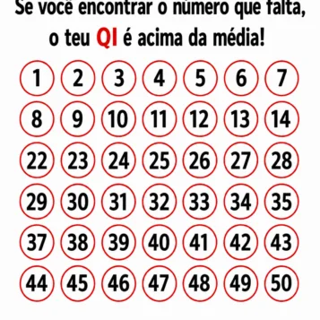 Desafio visual com números de 1 a 50 pedindo para encontrar o número que está faltando na sequência.