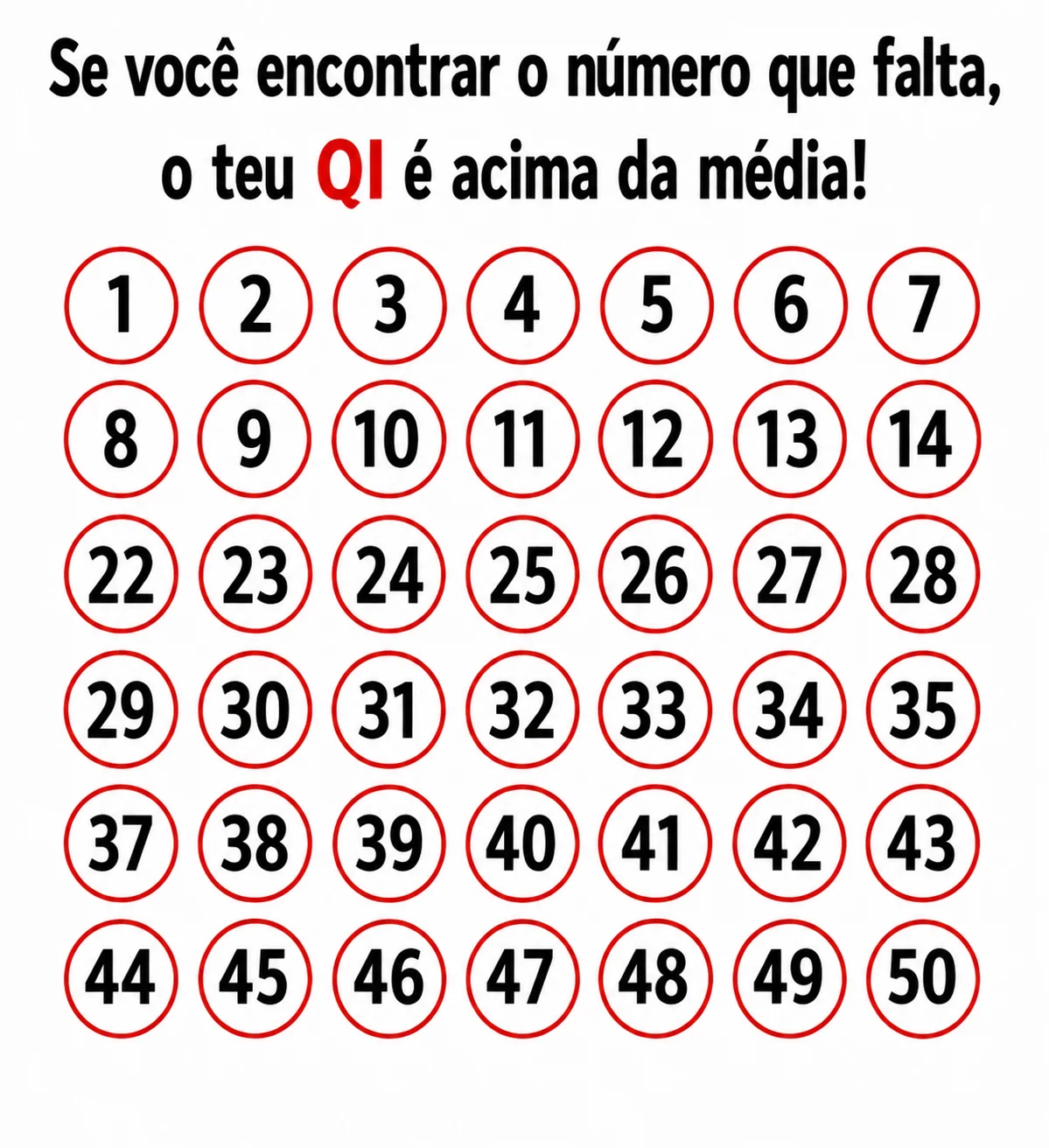 Desafio visual com números de 1 a 50 pedindo para encontrar o número que está faltando na sequência.