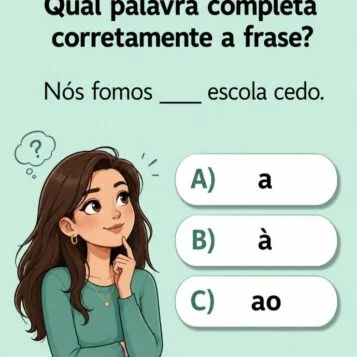 Questão de português perguntando qual palavra completa a frase "Nós fomos __ escola cedo" com alternativas A, à e ao.