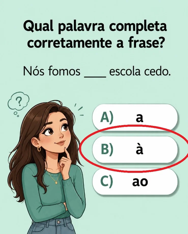 Questão de português perguntando qual palavra completa a frase "Nós fomos __ escola cedo" com alternativas A, à e ao.