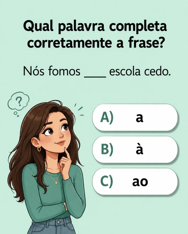 Questão de português perguntando qual palavra completa a frase "Nós fomos __ escola cedo" com alternativas A, à e ao.