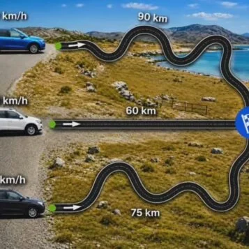 Desafio de lógica mostrando três carros com velocidades e distâncias diferentes tentando chegar ao mesmo destino.