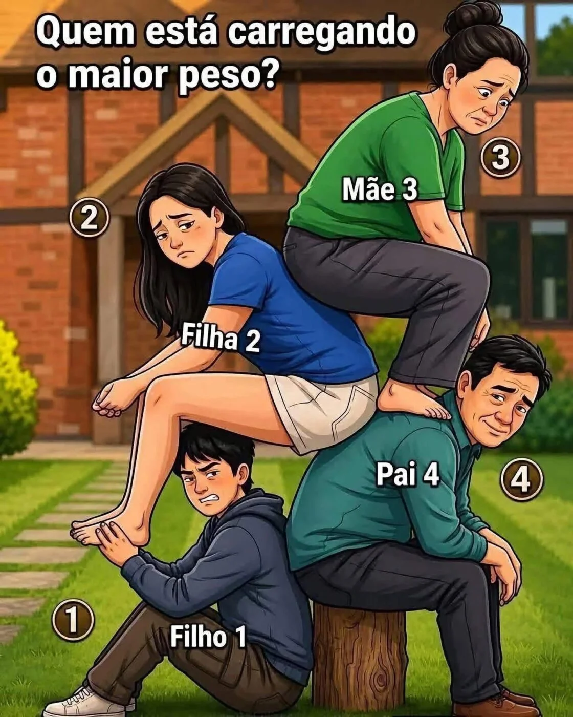 Desafio visual perguntando quem está carregando o maior peso entre quatro pessoas posicionadas umas sobre as outras.