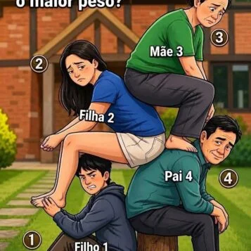 Desafio visual perguntando quem está carregando o maior peso entre quatro pessoas posicionadas umas sobre as outras.