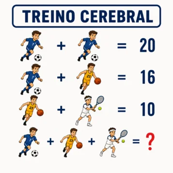 Desafio de treino cerebral com jogadores de futebol, basquete e tênis formando equações matemáticas para descobrir um resultado final.