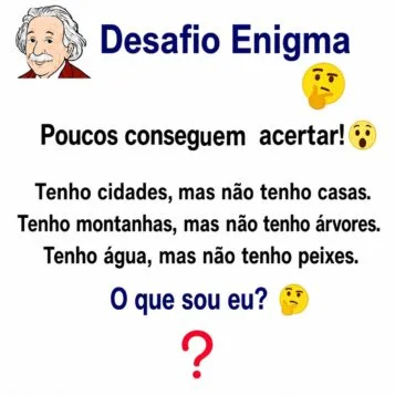 Charada perguntando "Tenho cidades, mas não tenho casas. Tenho montanhas, mas não tenho árvores. Tenho água, mas não tenho peixes. O que sou eu?"