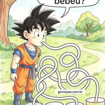 Desafio visual perguntando o que Goku bebeu com canudos ligados aos copos de água, chá, leite e suco.