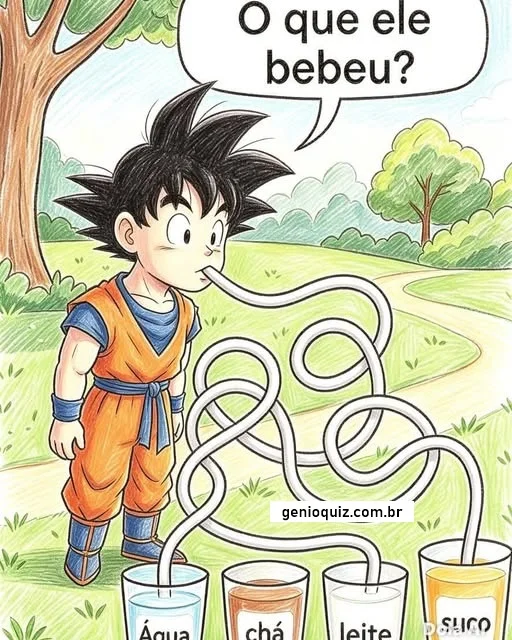 Desafio visual perguntando o que Goku bebeu com canudos ligados aos copos de água, chá, leite e suco.