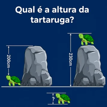 Desafio de lógica perguntando qual é a altura da tartaruga usando uma pedra e duas medidas de 200 cm e 230 cm.