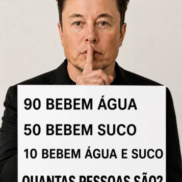 Desafio de lógica mostrando que 90 bebem água, 50 bebem suco e 10 bebem ambos, perguntando quantas pessoas são.