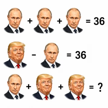 Desafio visual com caricaturas de Putin e Trump em operações matemáticas para descobrir o valor final