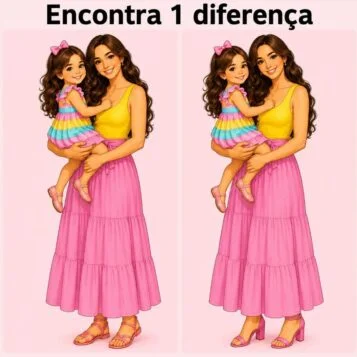 Jogo dos erros mostrando uma mãe segurando sua filha em duas imagens quase idênticas.