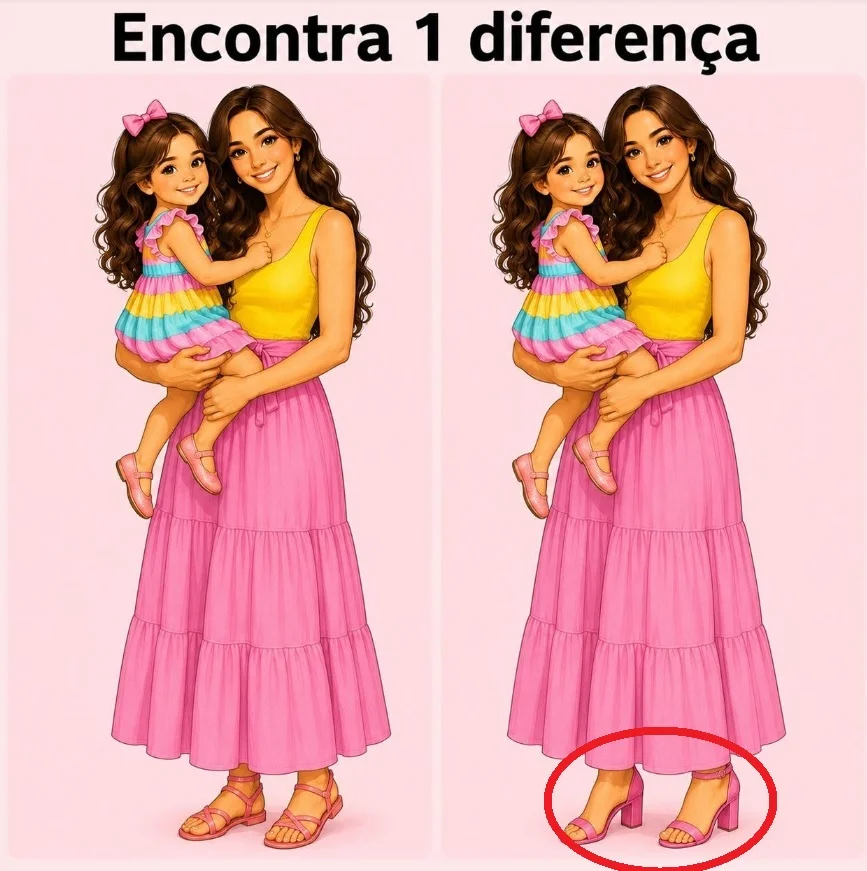 Jogo dos erros mostrando uma mãe segurando sua filha em duas imagens quase idênticas.