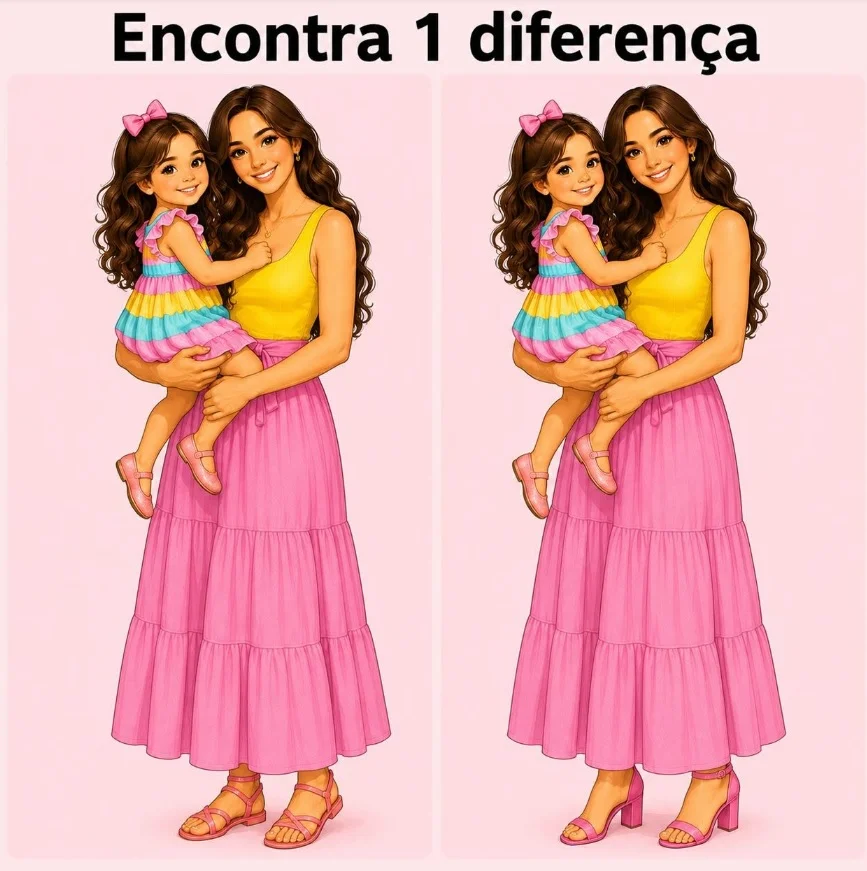 Jogo dos erros mostrando uma mãe segurando sua filha em duas imagens quase idênticas.