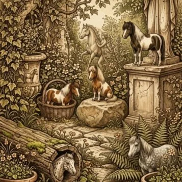 Desafio visual para encontrar sete cavalos escondidos em uma floresta com esculturas de pedra e vegetação.