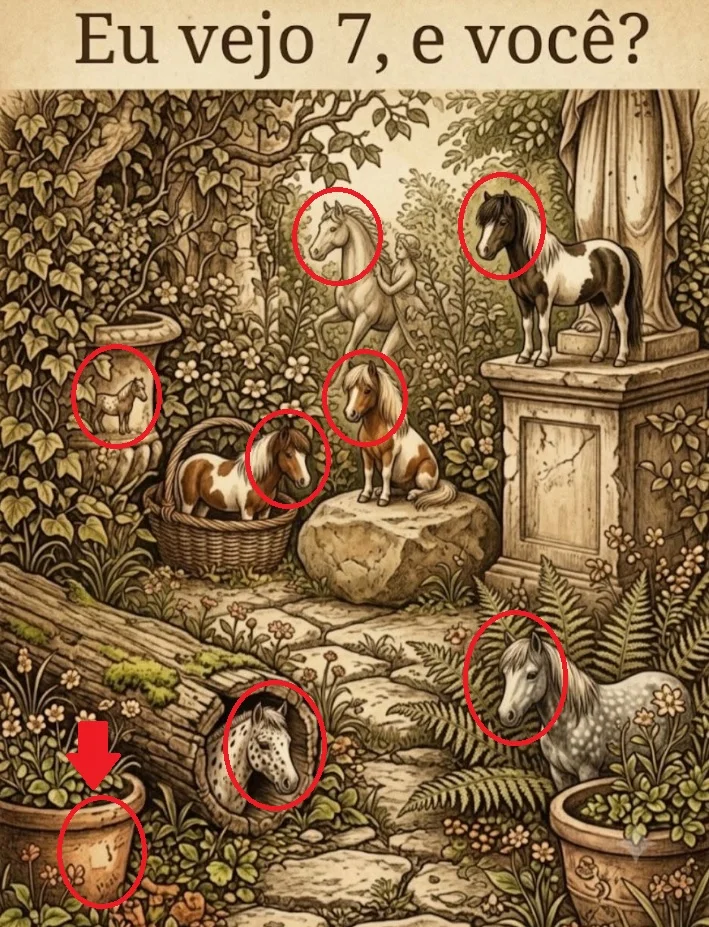 Desafio visual para encontrar sete cavalos escondidos em uma floresta com esculturas de pedra e vegetação.