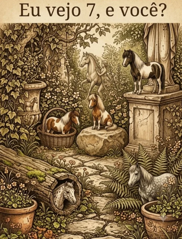 Desafio visual para encontrar sete cavalos escondidos em uma floresta com esculturas de pedra e vegetação.