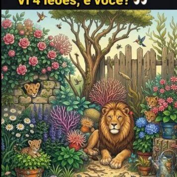 Desafio visual para encontrar leões escondidos em um jardim repleto de flores e plantas.