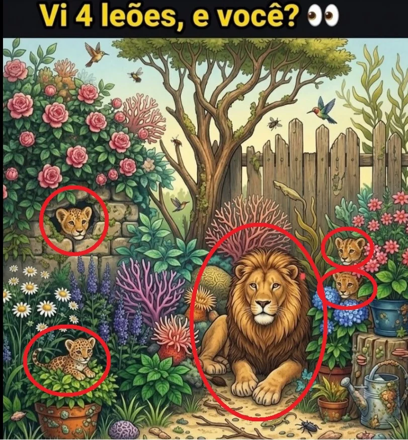 Desafio visual para encontrar leões escondidos em um jardim repleto de flores e plantas.