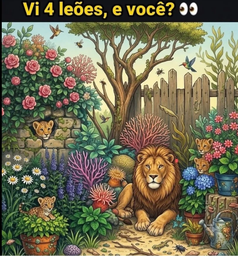 Desafio visual para encontrar leões escondidos em um jardim repleto de flores e plantas.