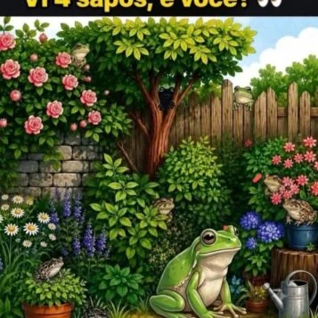 Desafio visual para encontrar sapos escondidos em um jardim cheio de flores e vegetação.