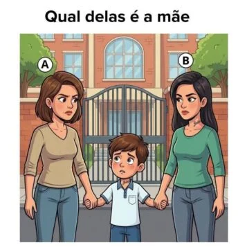 Desafio visual mostrando duas mulheres segurando a mão de um menino e perguntando qual delas é a mãe.
