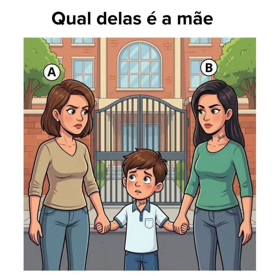 Desafio visual mostrando duas mulheres segurando a mão de um menino e perguntando qual delas é a mãe.